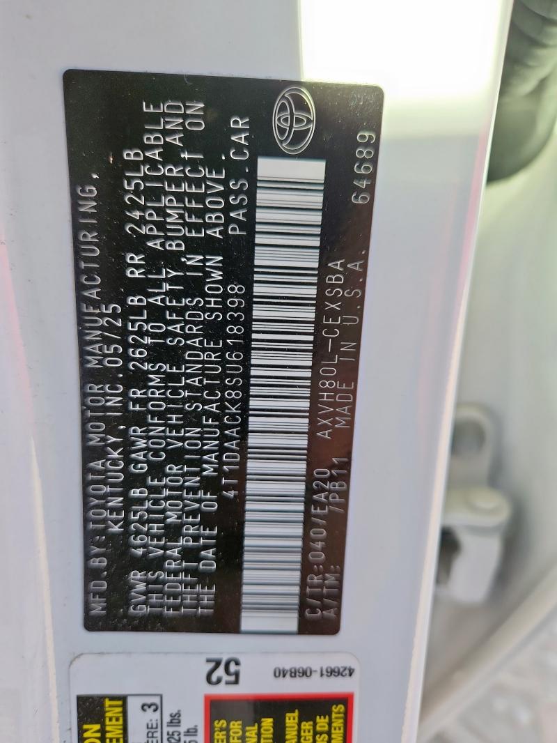 4T1DAACK8SU618398 - 2025 TOYOTA CAMRY XSE WHITE photo 12