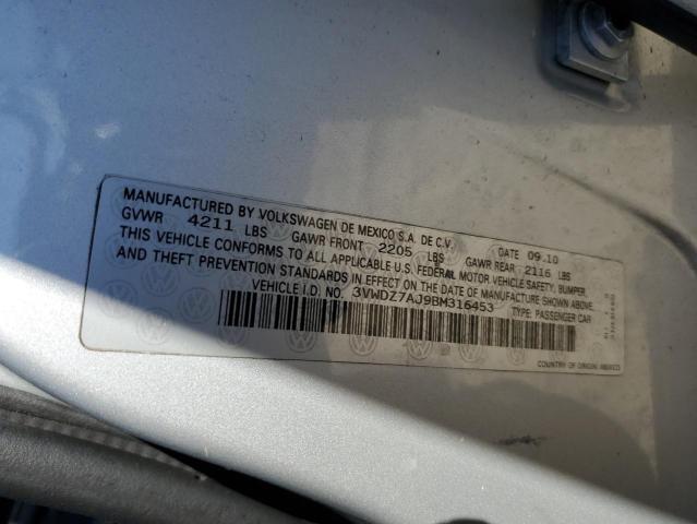 3VWDZ7AJ9BM316453 - 2011 VOLK JETTA SE SILVER photo 12