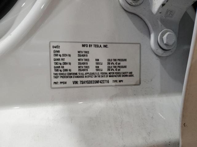 7SAYGDEE6NF422716 - 2022 TESLA MODEL Y Weiß Foto 13