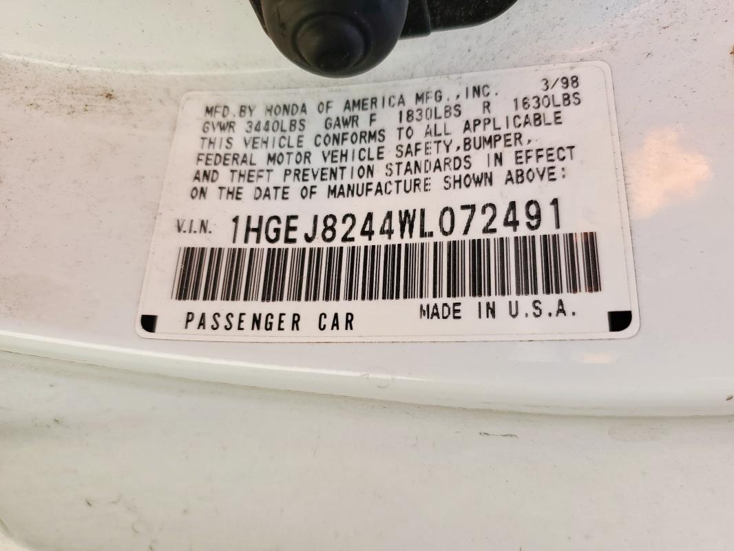 1HGEJ8244WL072491 - 1998 HONDA CIVIC EX თეთრი ფოტო 12
