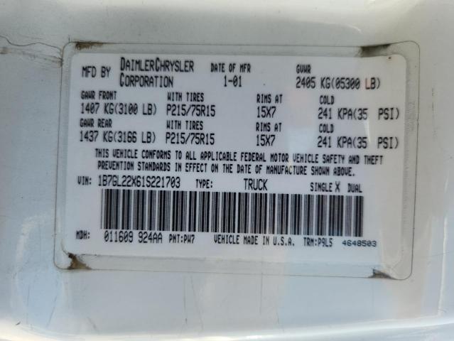 1B7GL22X61S221703 - 2001 DODGE DAKOTA 白色 照片 12