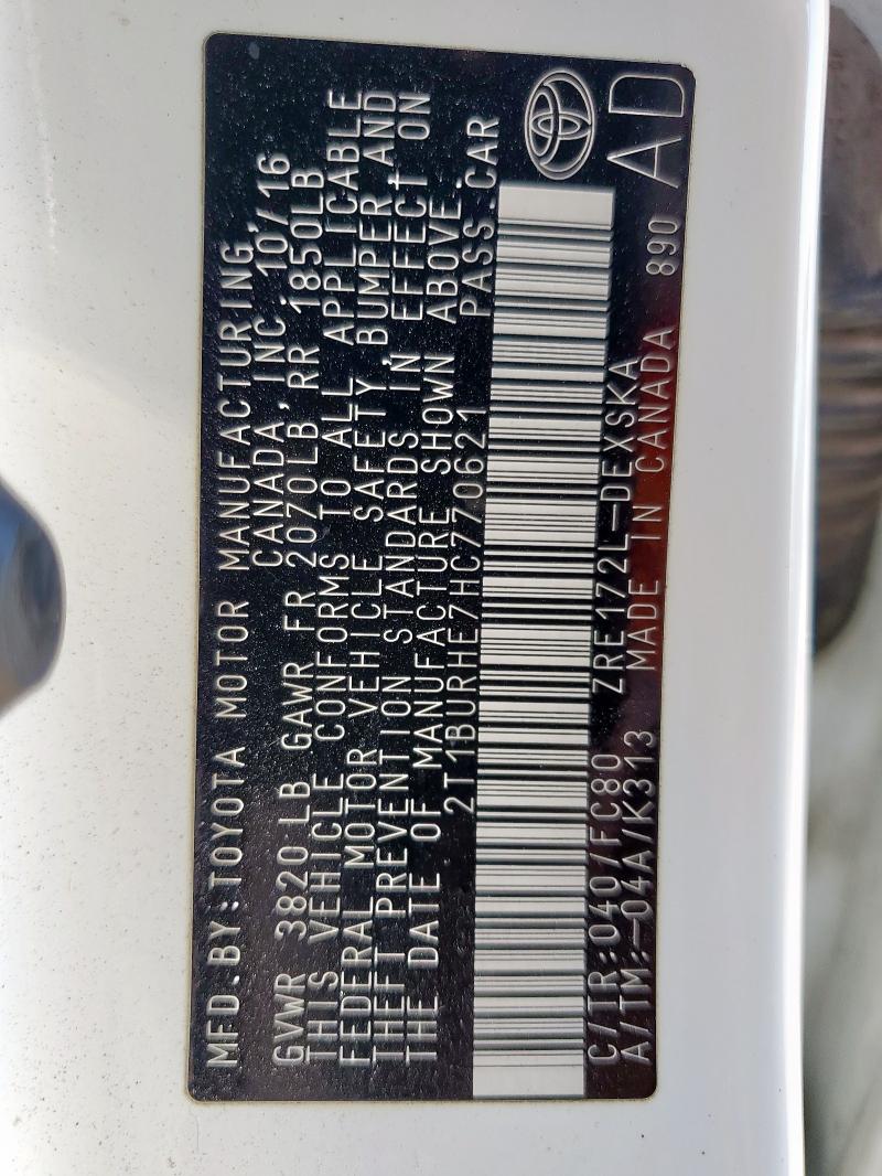 2T1BURHE7HC770621 - 2017 TOYOTA COROLLA L 白色 照片 12