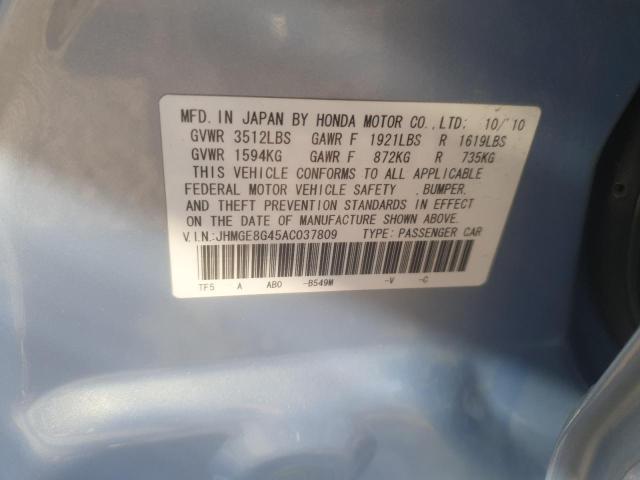 JHMGE8G45AC037809 - 2010 HONDA FIT SPORT BLUE photo 12