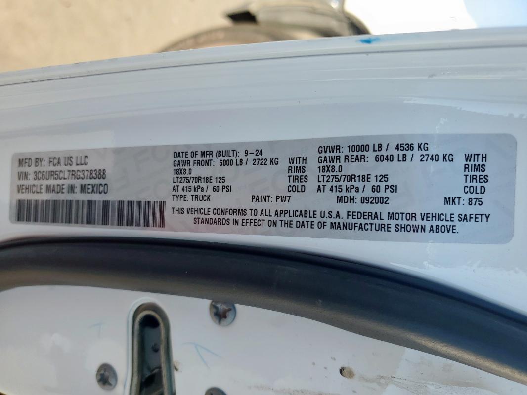3C6UR5CL7RG378388 - 2024 RAM 2500 TRADESMAN Ақ фото 12
