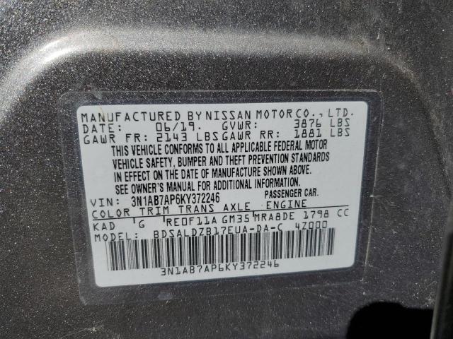 3N1AB7AP6KY372246 - 2019 NISSAN SENTRA S Сұр фото 12