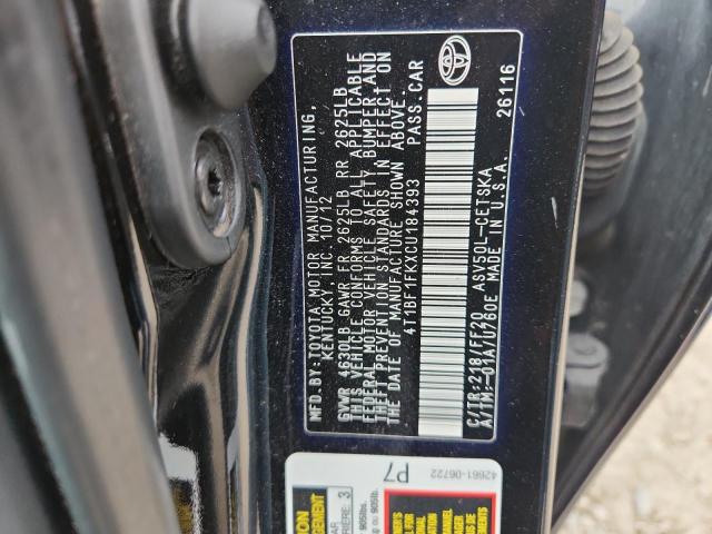 4T1BF1FKXCU184393 - 2012 TOYOTA CAMRY BASE BLACK photo 12