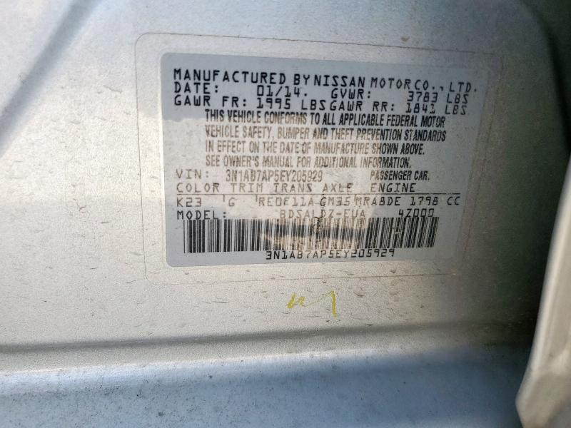 3N1AB7AP5EY205929 - 2014 NISSAN SENTRA S 银色 照片 12