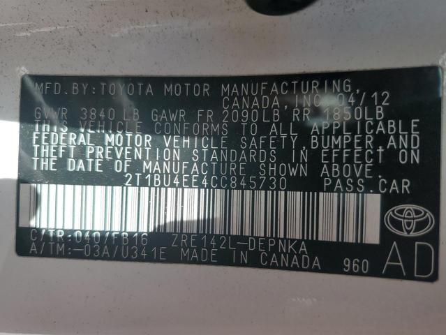 2T1BU4EE4CC845730 - 2012 TOYOTA COROLLA BASE 白色 照片 12