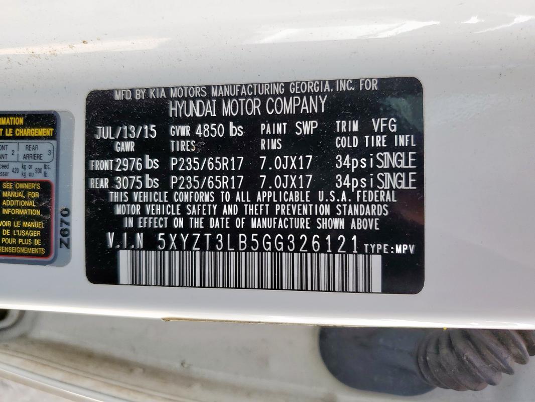 5XYZT3LB5GG326121 - 2016 HYUNDAI SANTA FE S Beyaz fotoğraf 13