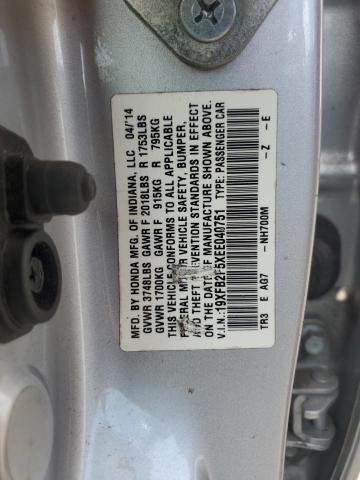 19XFB2F5XEE040751 - 2014 HONDA CIVIC LX 银色 照片 12