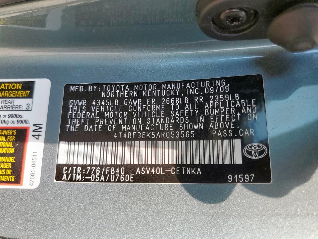 4T4BF3EK5AR053565 - 2010 TOYOTA CAMRY BASE Verde foto 12