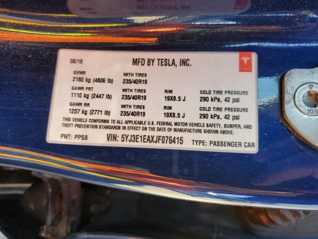 5YJ3E1EAXJF076415 - 2018 TESLA MODEL 3 Կապույտ լուսանկար 12