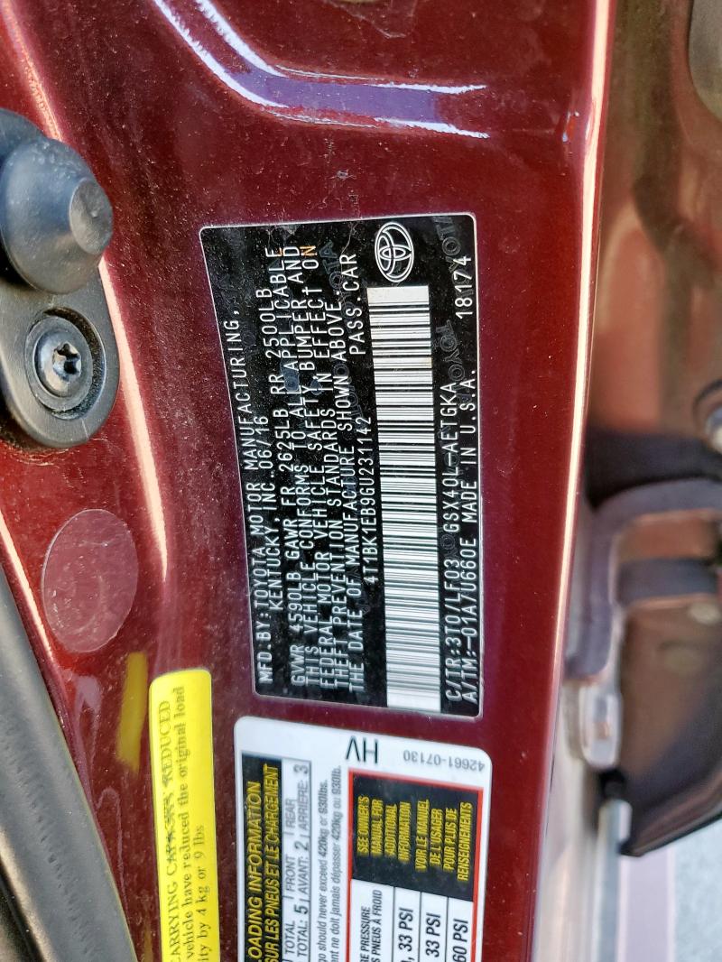 4T1BK1EB9GU231142 - 2016 TOYOTA AVALON XLE BURGUNDY photo 12