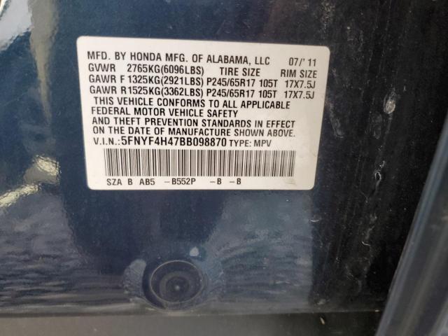 5FNYF4H47BB098870 - 2011 HONDA PILOT EX BLUE photo 13