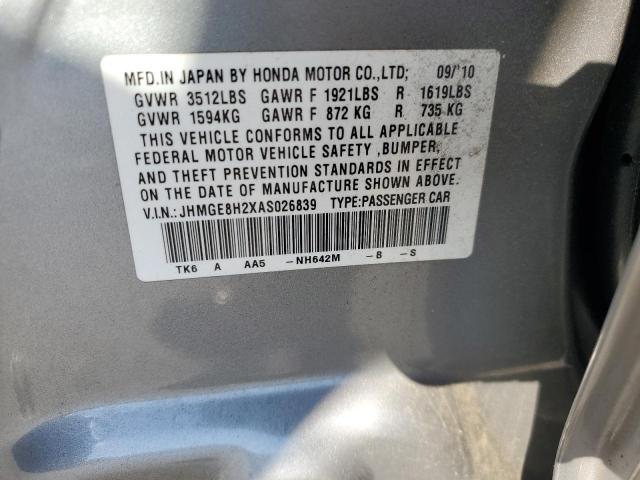 JHMGE8H2XAS026839 - 2010 HONDA FIT SILVER photo 12