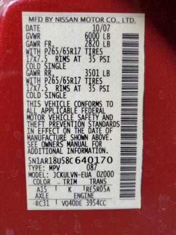 5N1AR18U58C640170 - 2008 NISSAN PATHFINDER S RED photo 13