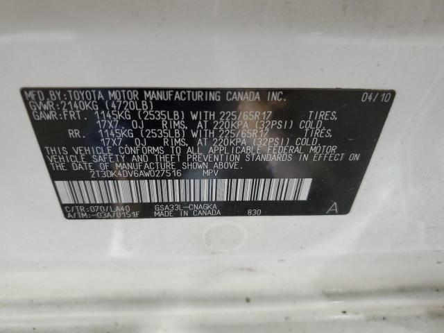 2T3DK4DV6AW027516 - 2010 TOYOTA RAV4 LIMITED Ağ foto 13