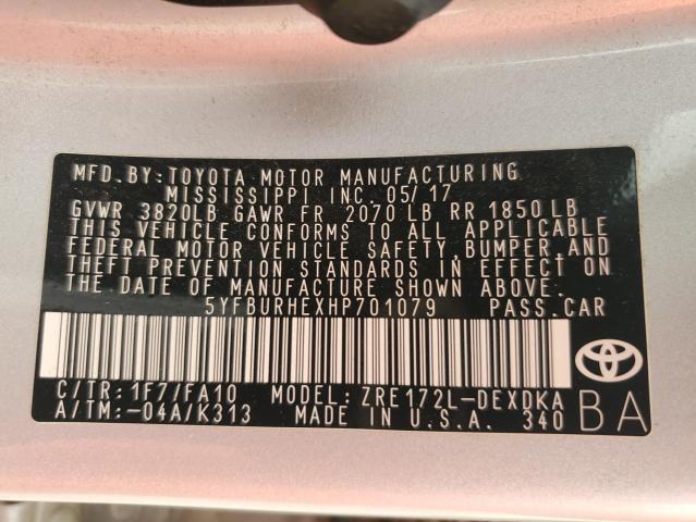 5YFBURHEXHP701079 - 2017 TOYOTA COROLLA L SILVER photo 12