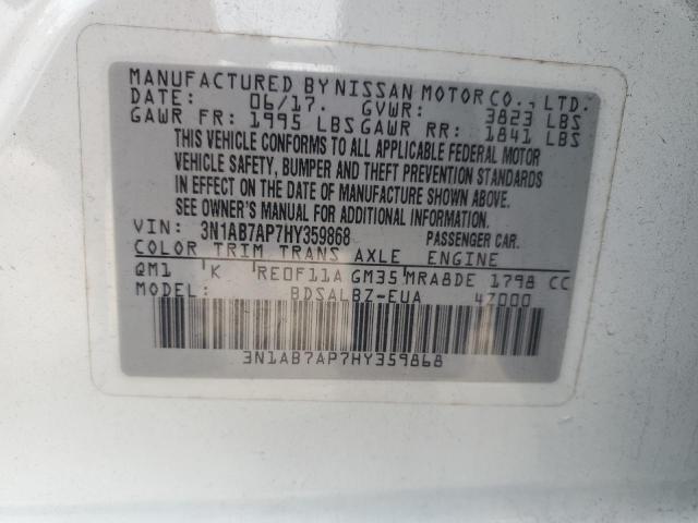 3N1AB7AP7HY359868 - 2017 NISSAN SENTRA S WHITE photo 12