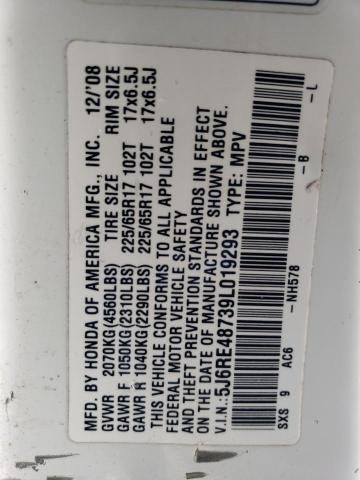 5J6RE48739L019293 - 2009 HONDA CR-V EXL WHITE photo 13