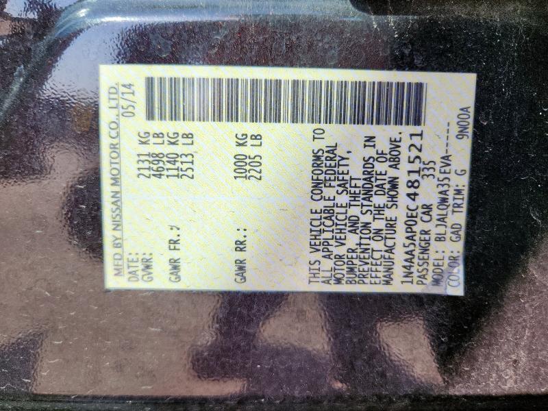 1N4AA5AP0EC481521 - 2014 NISSAN MAXIMA S BLACK photo 12