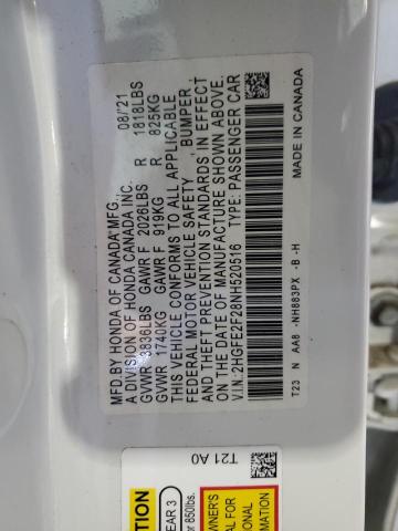 2HGFE2F28NH520516 - 2022 HONDA CIVIC LX 白色 照片 12