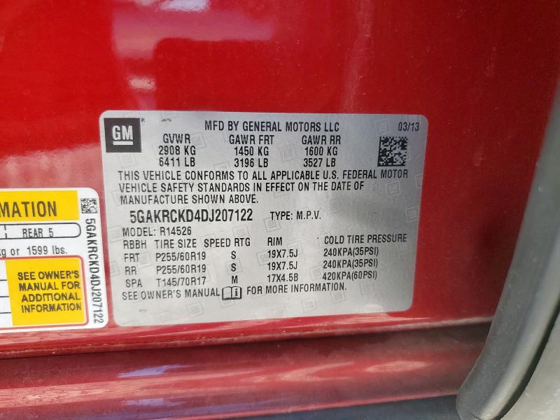 5GAKRCKD4DJ207122 - 2013 BUICK ENCLAVE RED photo 13