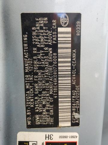 4T1BE46K08U776008 - 2008 TOYOTA CAMRY CE 蓝色 照片 12