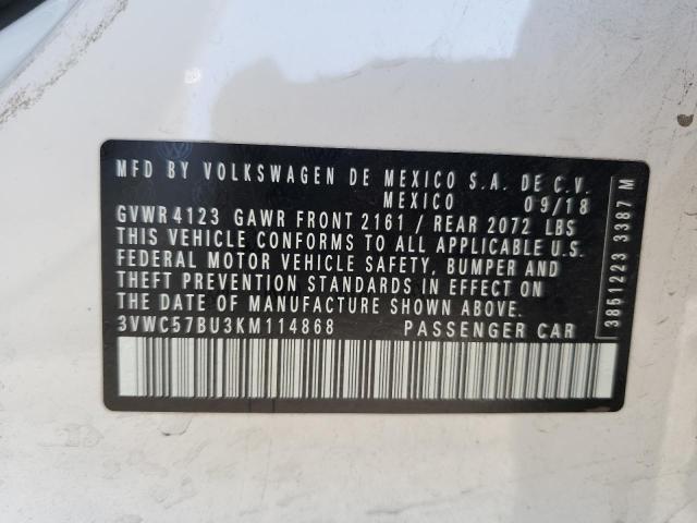 3VWC57BU3KM114868 - 2019 VOLKSWAGEN JETTA S 白色 照片 12