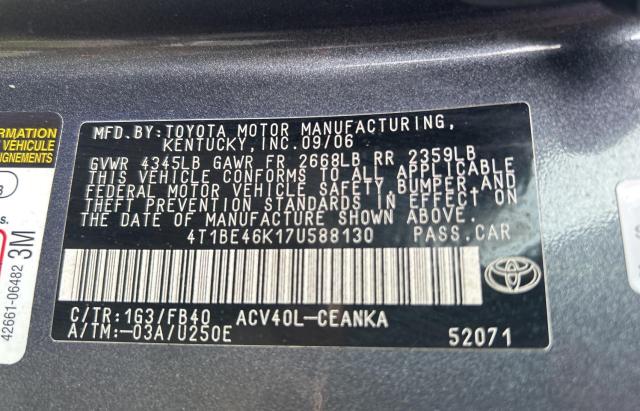 4T1BE46K17U588130 - 2007 TOYOTA CAMRY CE ნაცრისფერი ფოტო 10
