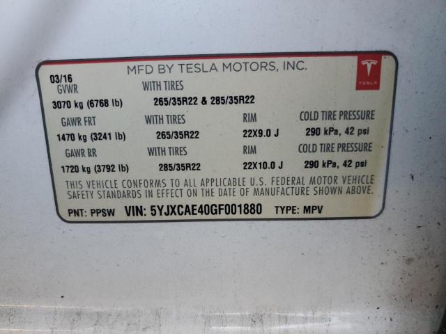 5YJXCAE40GF001880 - 2016 TESLA MODEL X Biały zdjęcie 13