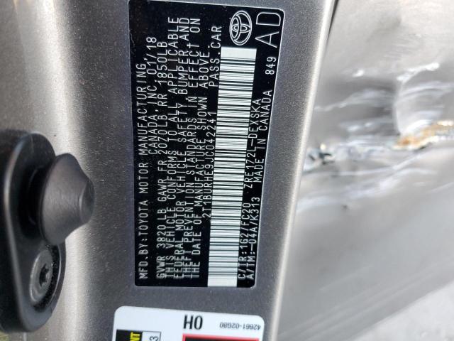 2T1BURHE9JC042241 - 2018 TOYOTA COROLLA L GRAY photo 12