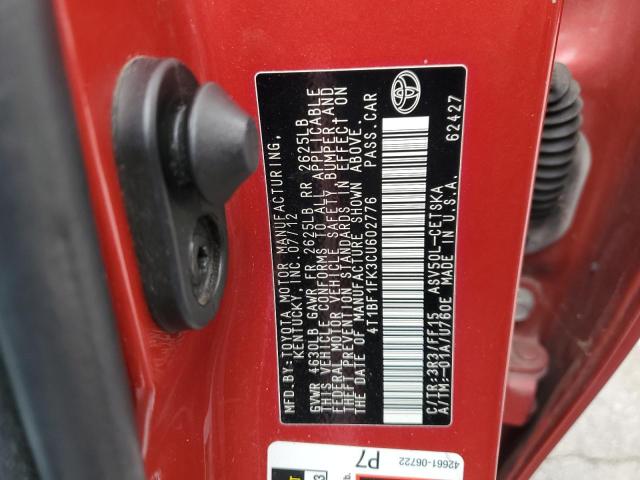 4T1BF1FK3CU602776 - 2012 TOYOTA CAMRY BASE MAROON photo 13