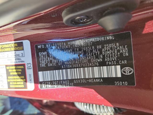 4T1BK36BX7U234576 - 2007 TOYOTA AVALON XL Bordo foto 13