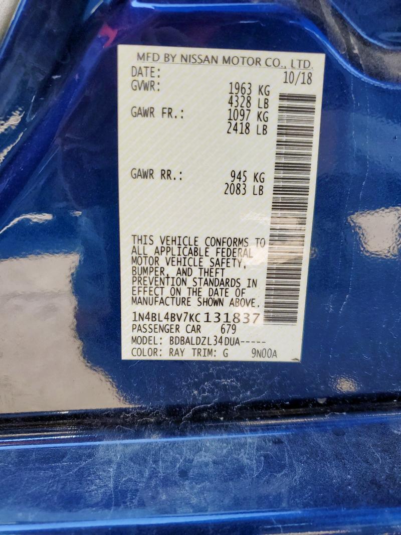 1N4BL4BV7KC131837 - 2019 NISSAN ALTIMA S Niebieski zdjęcie 12