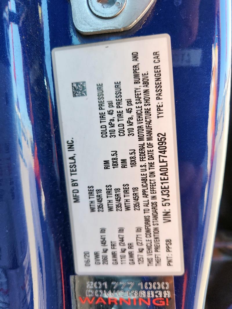5YJ3E1EA0LF740952 - 2020 TESLA MODEL 3 Blau Foto 13