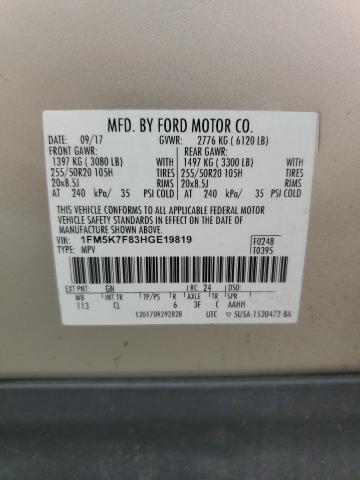 1FM5K7F83HGE19819 - 2017 FORD EXPLORER LIMITED BEIGE photo 14