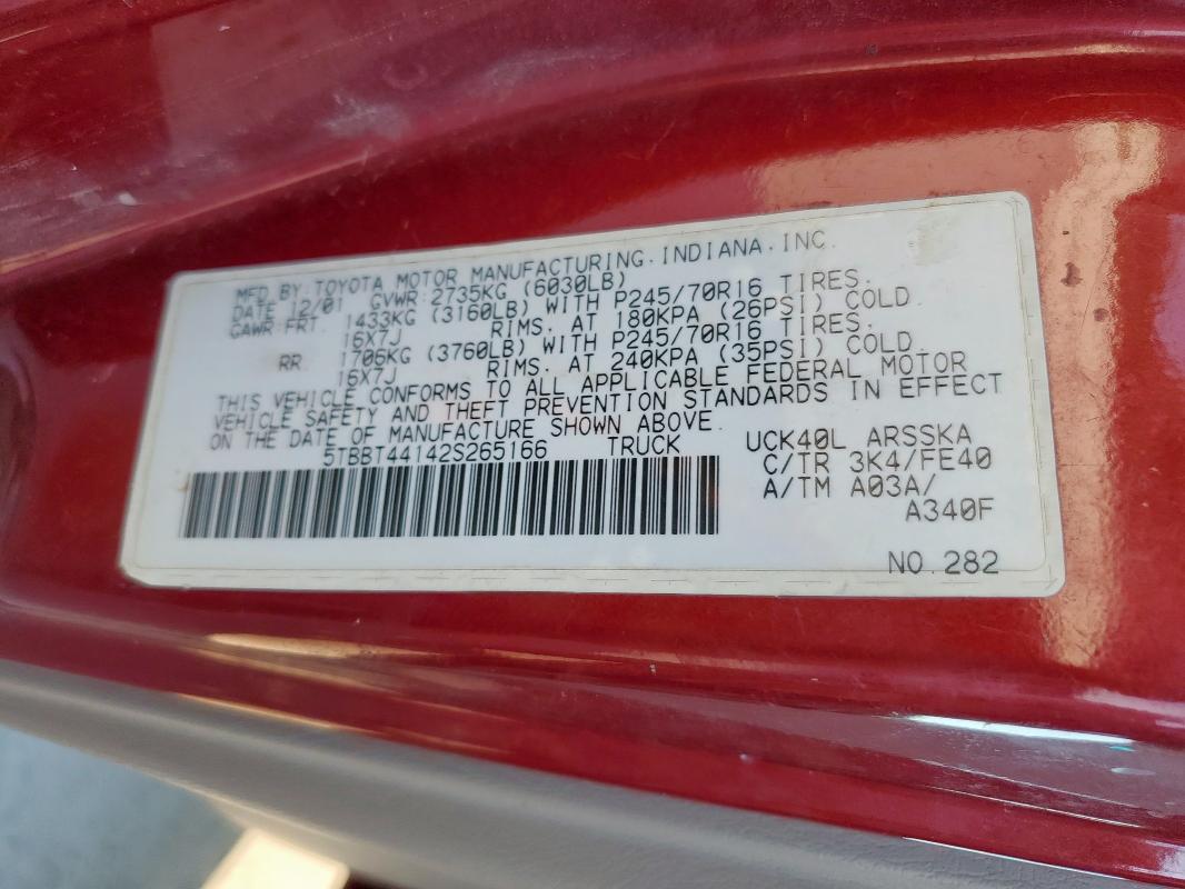 5TBBT44142S265166 - 2002 TOYOTA TUNDRA ACCESS CAB ბურგუნდია ფოტო 12