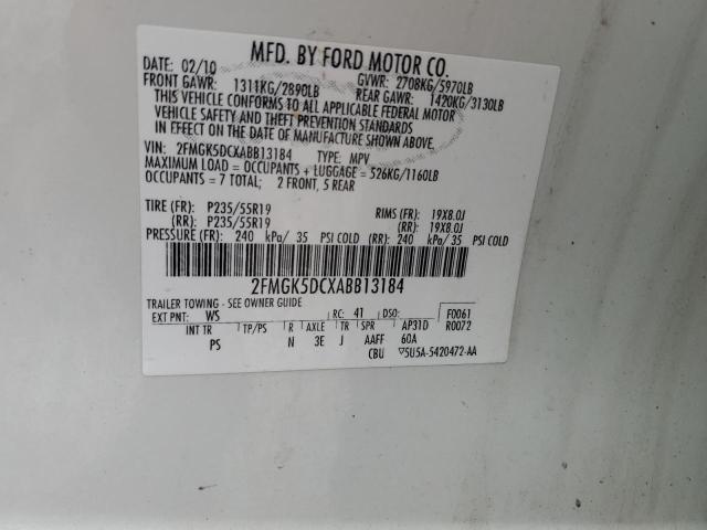 2FMGK5DCXABB13184 - 2010 FORD FLEX LIMITED WHITE photo 13