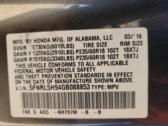 5FNRL5H94GB088853 - 2016 HONDA ODYSSEY TOURING GRAY photo 14