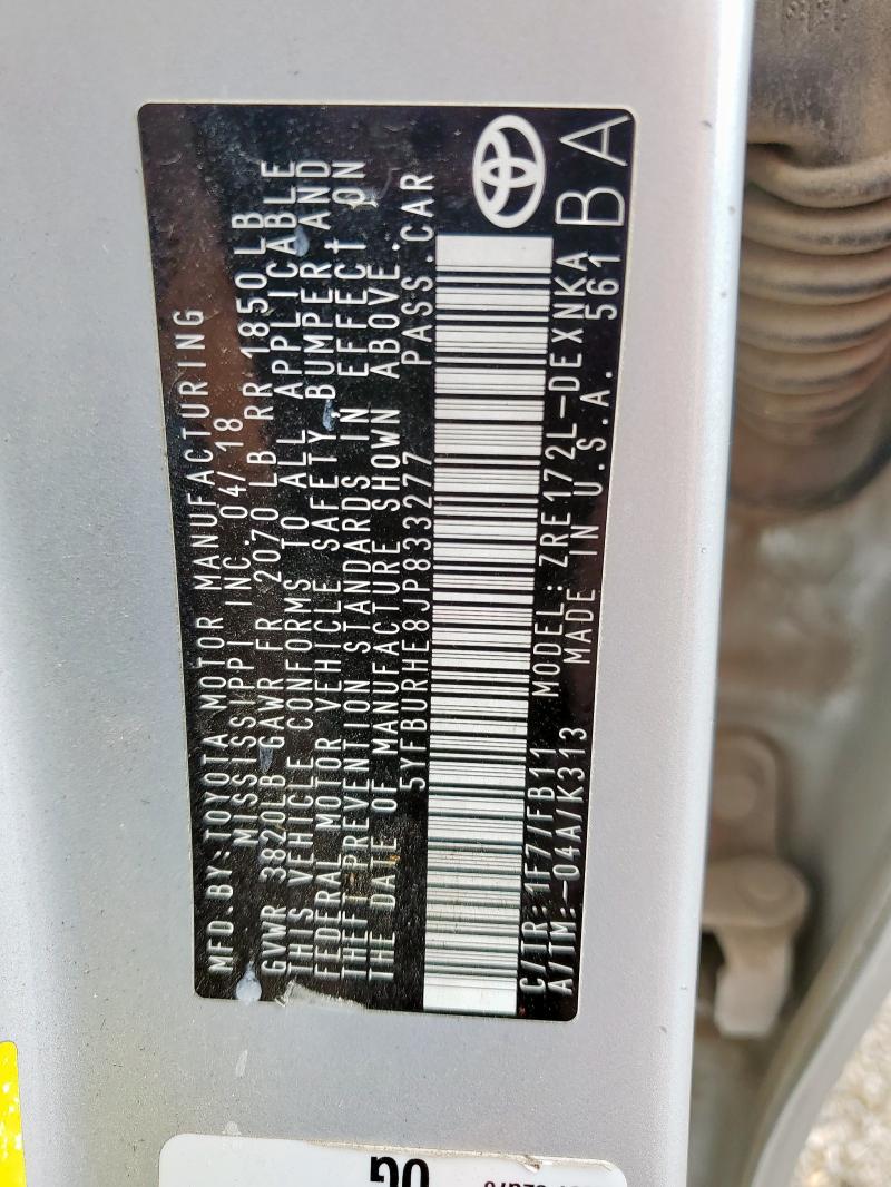 5YFBURHE8JP833277 - 2018 TOYOTA COROLLA L 灰色 照片 12