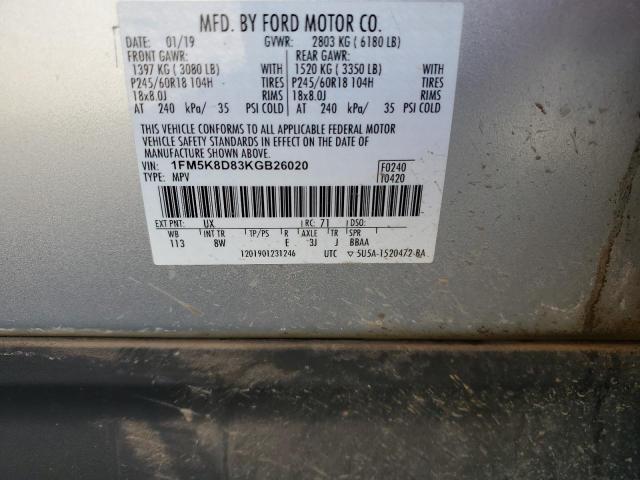 1FM5K8D83KGB26020 - 2019 FORD EXPLORER XLT Gümüş fotoğraf 13