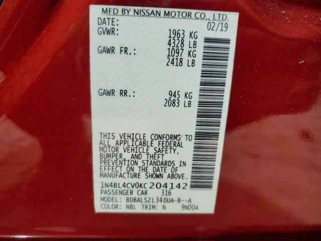 1N4BL4CV0KC204142 - 2019 NISSAN ALTIMA SR Красный фото 12