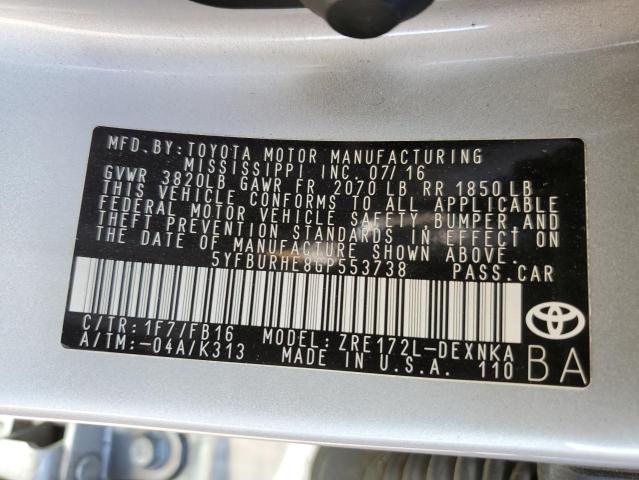 5YFBURHE8GP553738 - 2016 TOYOTA COROLLA L SILVER photo 13