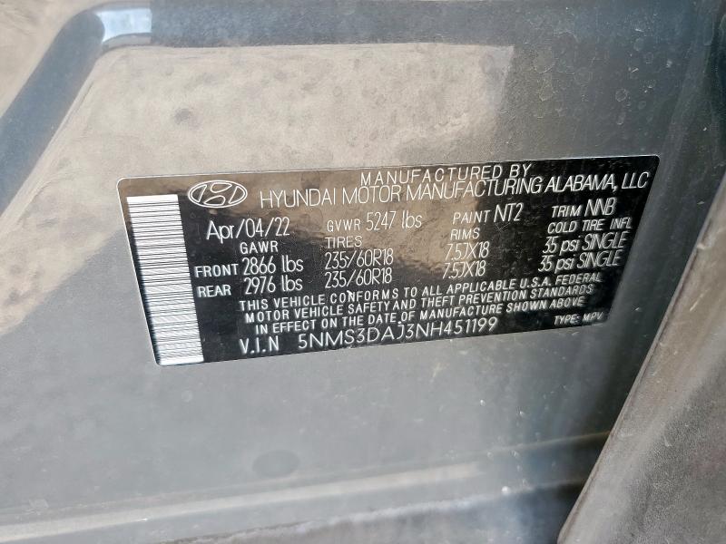 5NMS3DAJ3NH451199 - 2022 HYUNDAI SANTA FE SEL Szary zdjęcie 13
