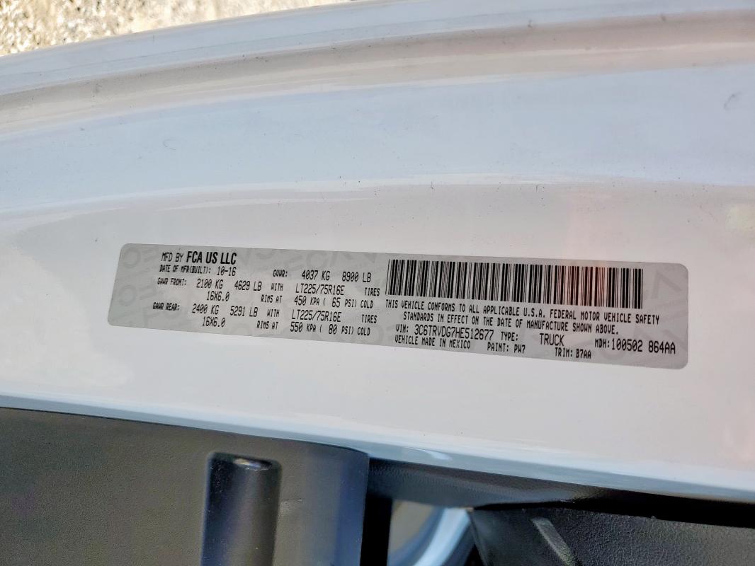 3C6TRVDG7HE512677 - 2017 RAM PROMASTER 2500 HIGH أبيض صورة 13