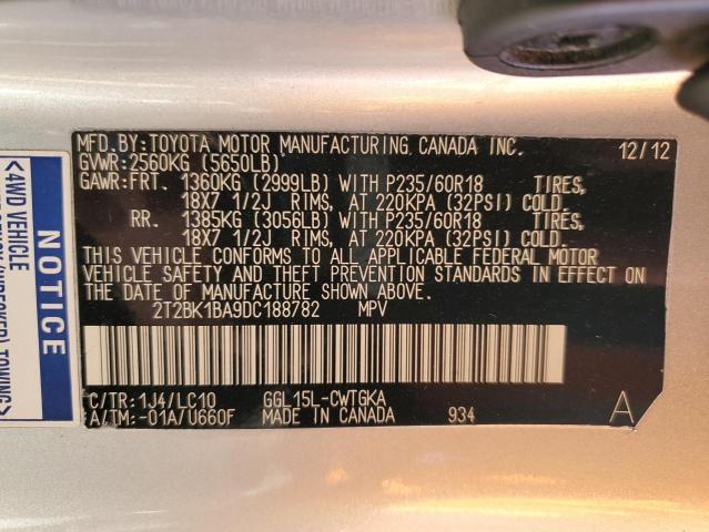 2T2BK1BA9DC188782 - 2013 LEXUS RX 350 BASE Արծաթագույն լուսանկար 12