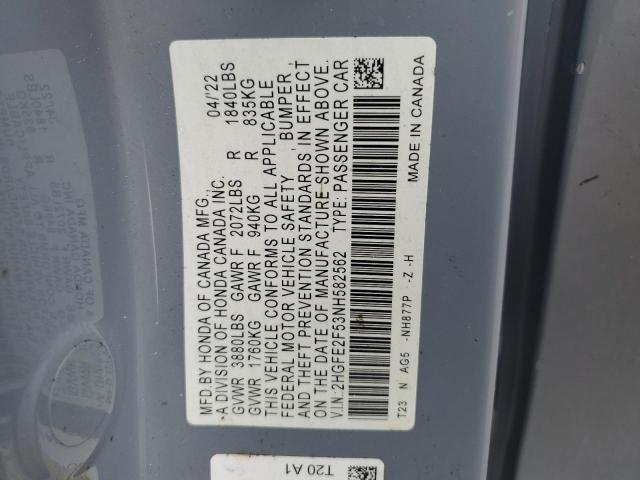 2HGFE2F53NH582562 - 2022 HONDA CIVIC SPORT GRAY photo 12