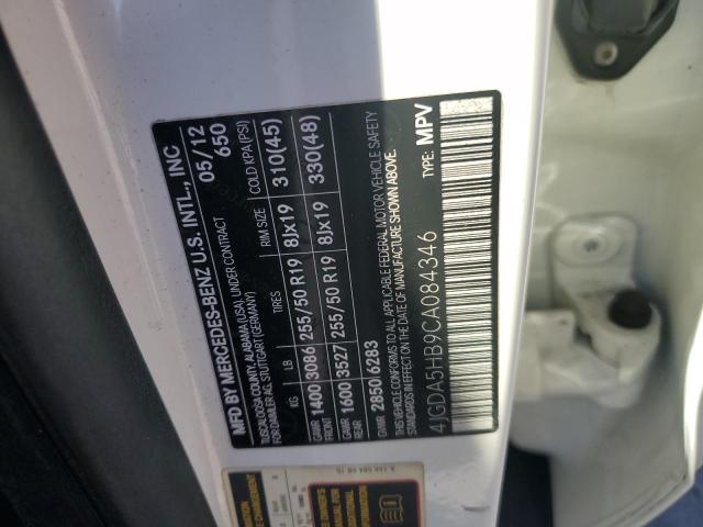 4JGDA5HB9CA084346 - 2012 MERCEDES-BENZ ML 350 4MATIC WHITE photo 12