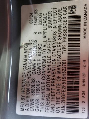 2HGFE2F51SH522761 - 2025 HONDA CIVIC SPORT 银色 照片 12